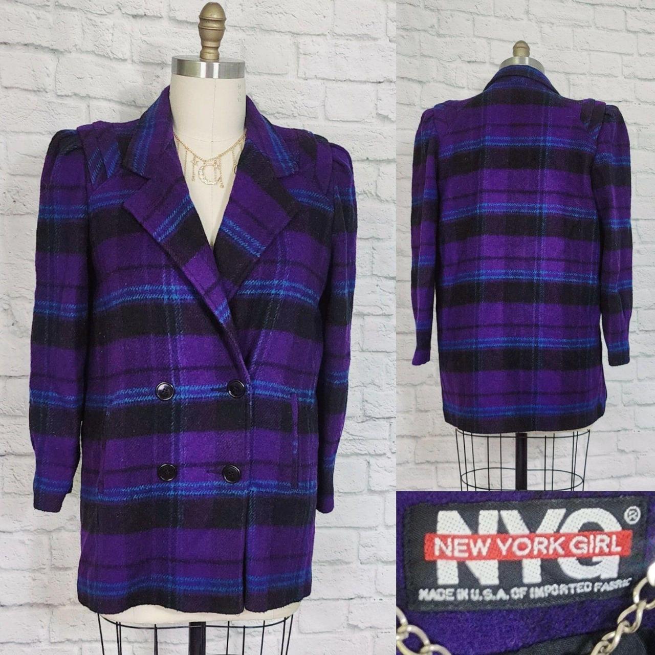 Vintage 80s wool plaid pleated shoulder orders double breasted jacket