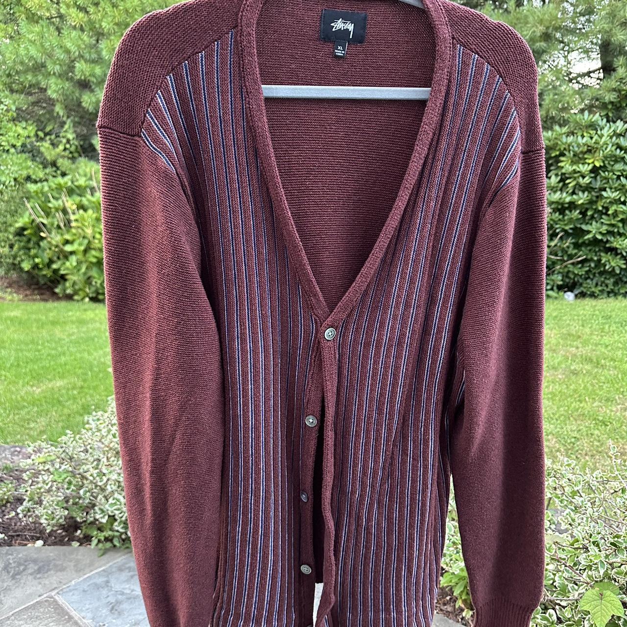 Stussy burgundy stripe cardigan, that was only worn... - Depop