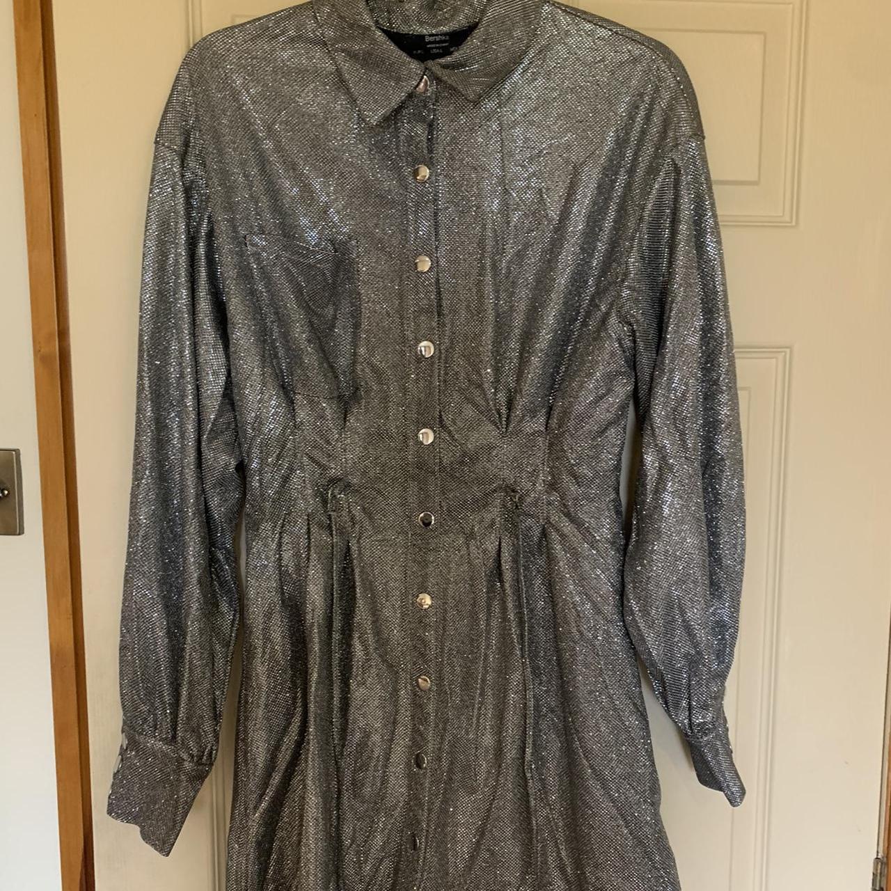 Bershka show up metallic silver glitter shirt dress... Depop