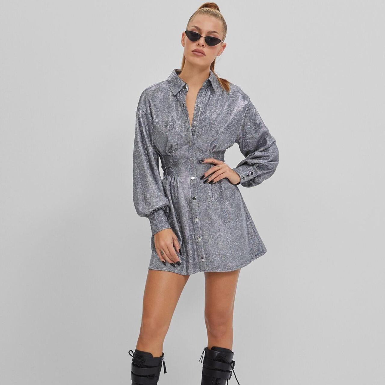 Bershka show up metallic silver glitter shirt dress... - Depop