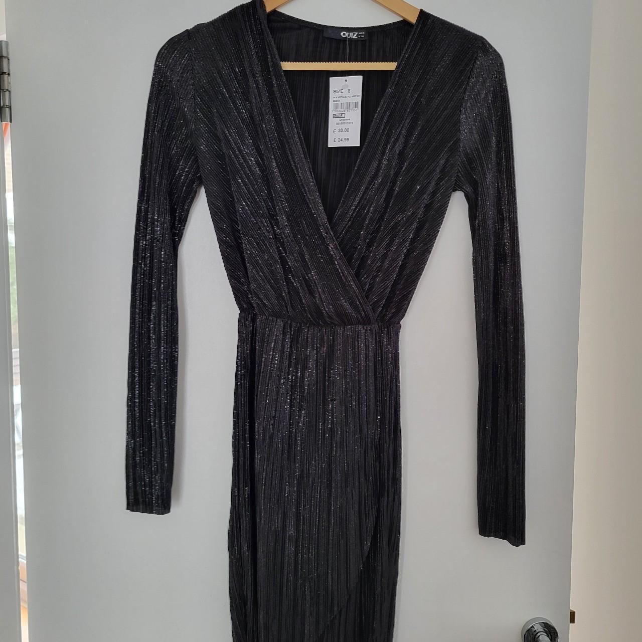 QUIZ Black plisse metallic wrap dress Size 8 Depop