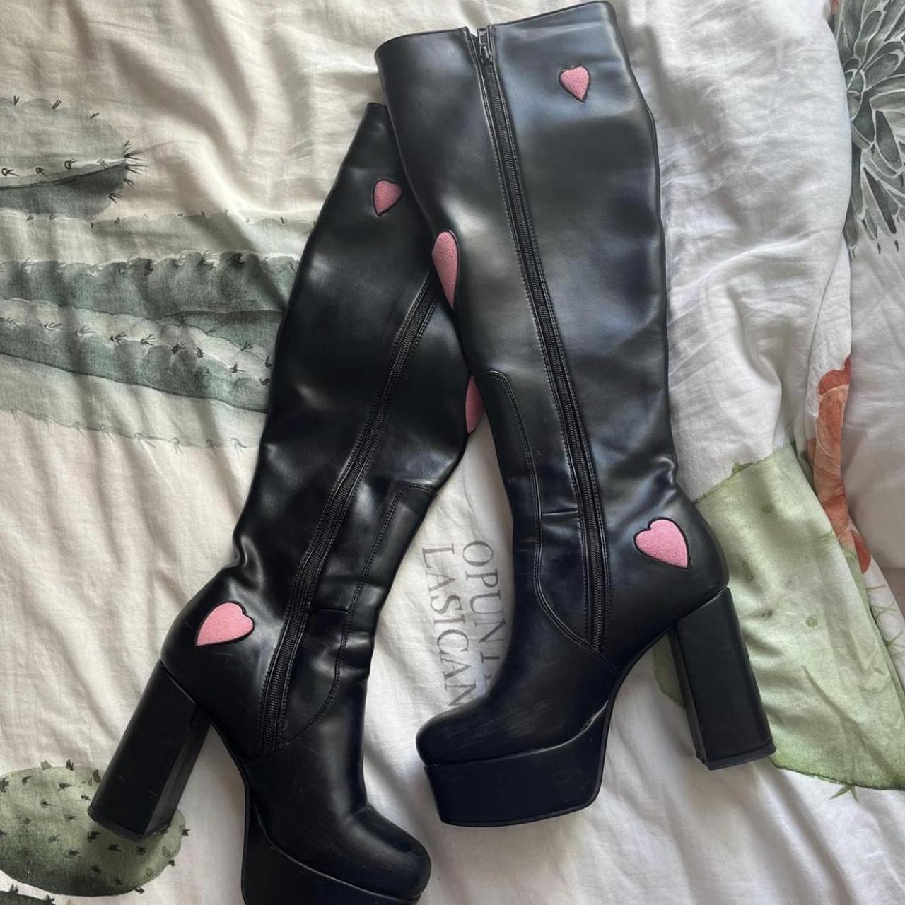y2k pink heart black leather knee high boots