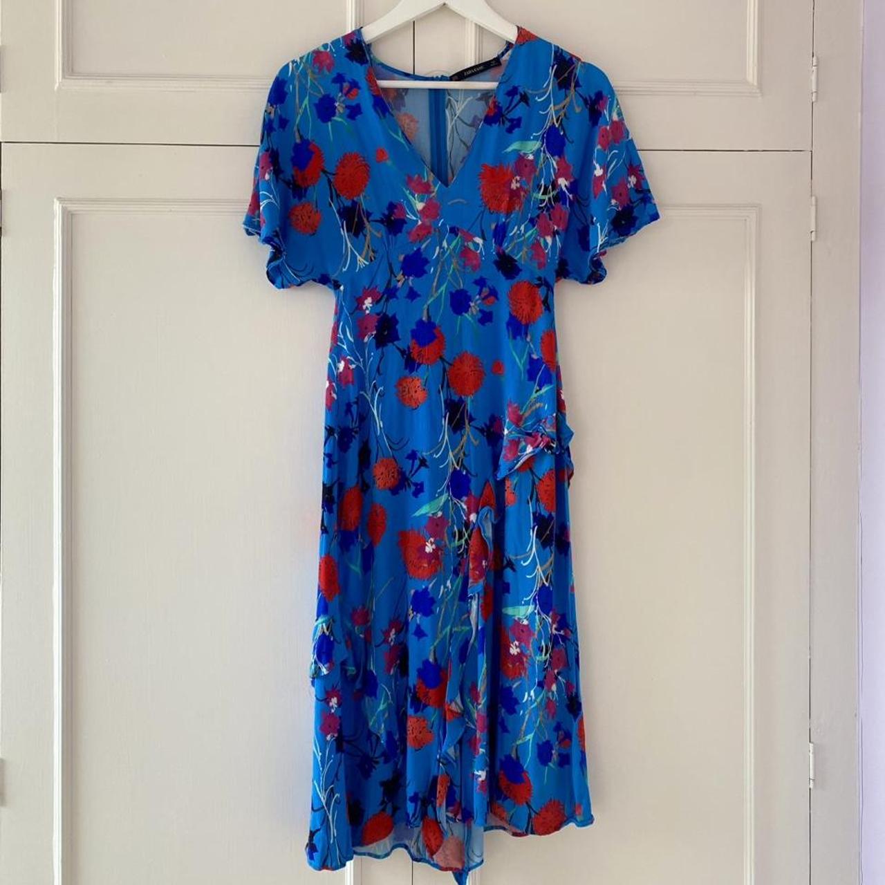 Blue floral Zara summer midi dress. Worn as a... - Depop