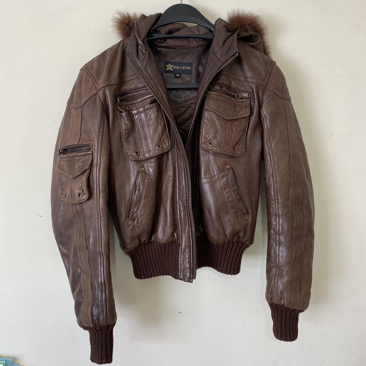 Brown vintage leather jacket bomber with hood and... - Depop