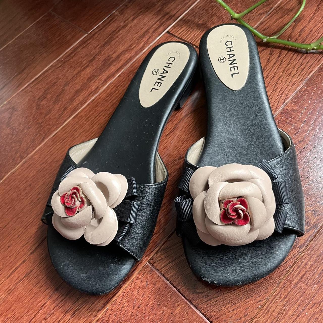CHANEL, Shoes, Chanel Camellia Flat Beige Mules Sandals