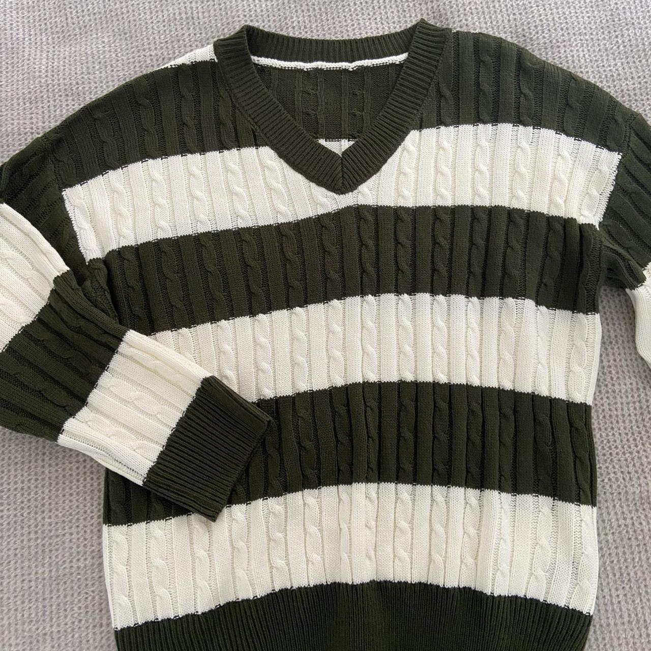 green and white stripe oversized V-neck knitted... - Depop