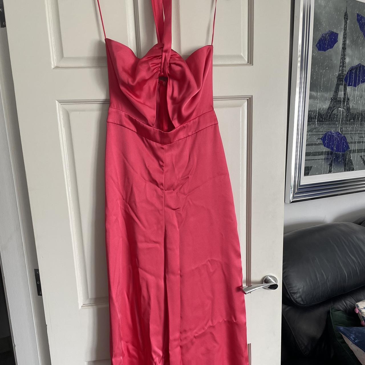 Hot pink halter neck satin jumpsuit from Zara Size... Depop