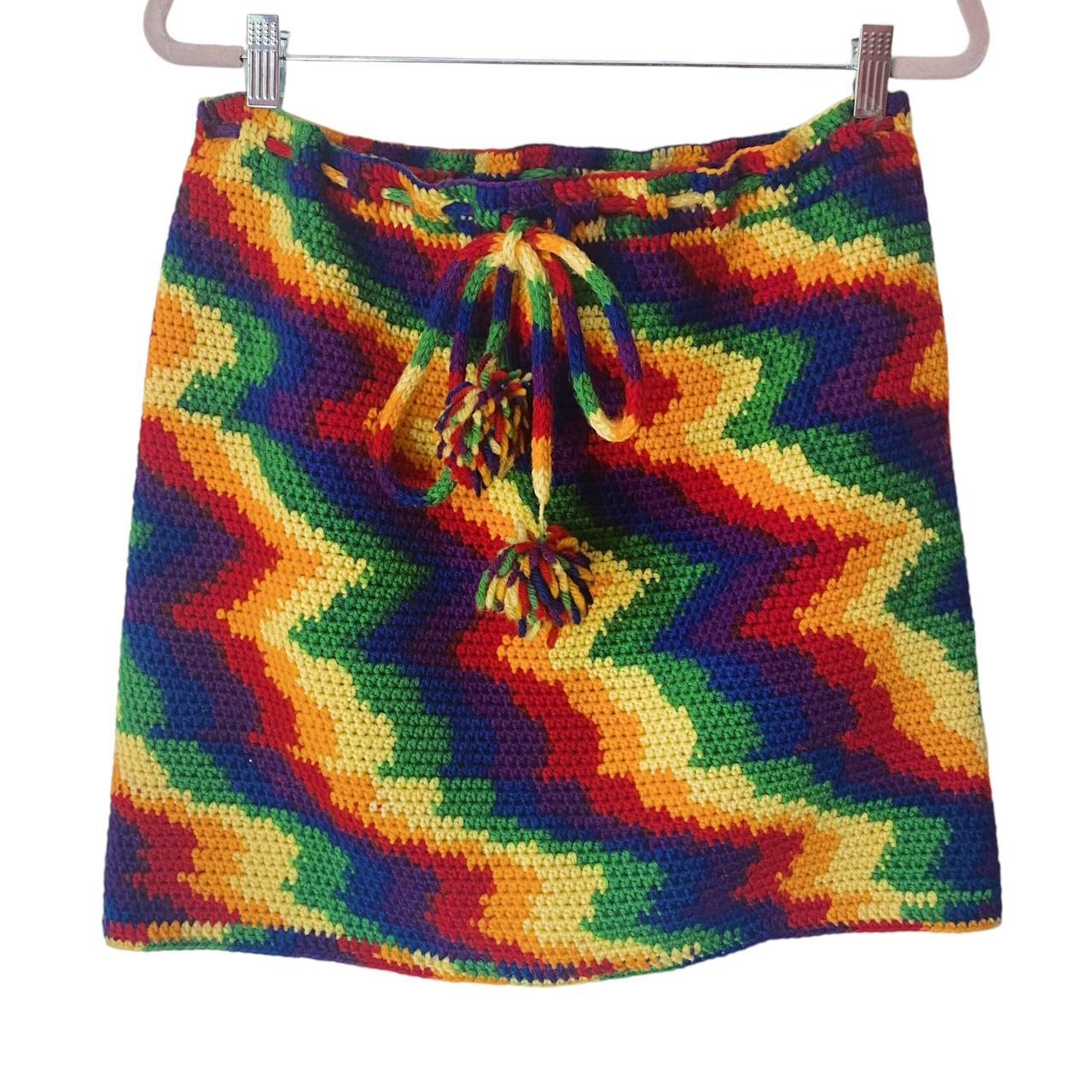 Vintage 90s Y2K Mini Skirt Rainbow Hand Knit Kidcore