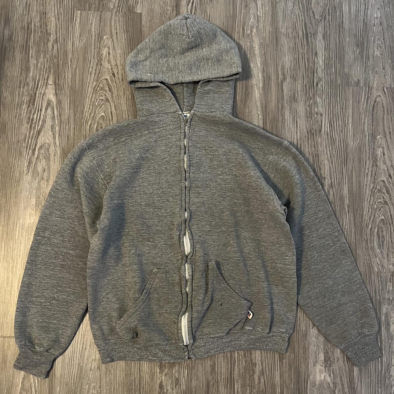 Vintage Thrashed 80s Russell Zip Up Hoodie Heather... Depop