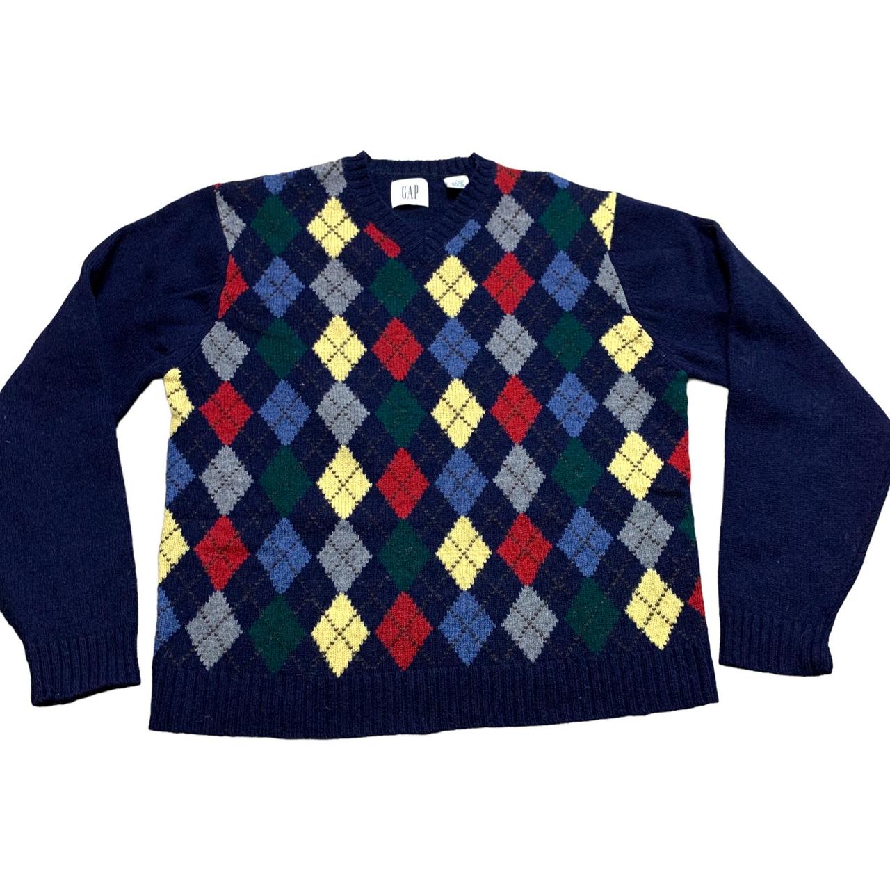 Gap Vintage Argyle Wool VNeck Navy Sweater Small... Depop