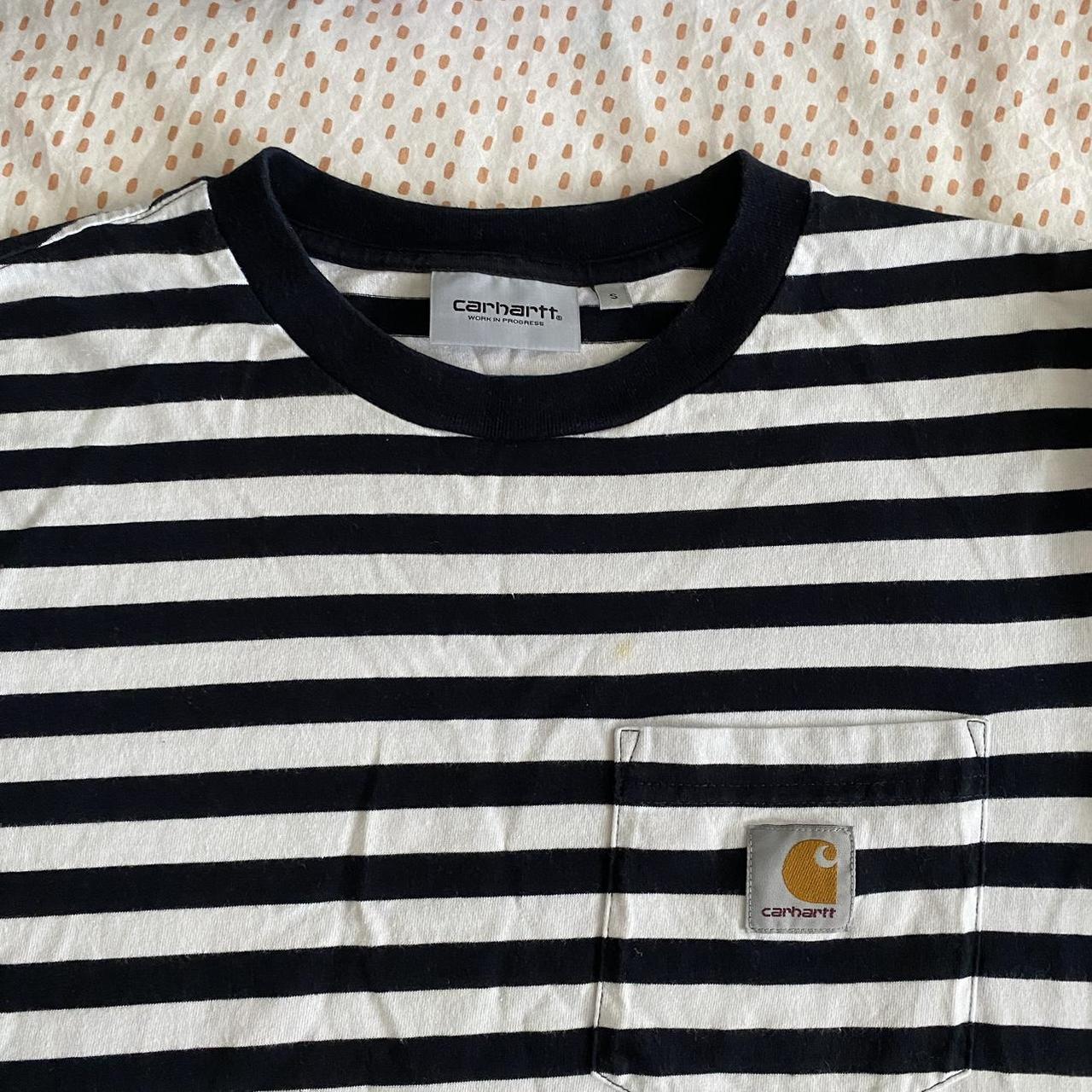 Carhartt t shirt striped in navy and white - Depop