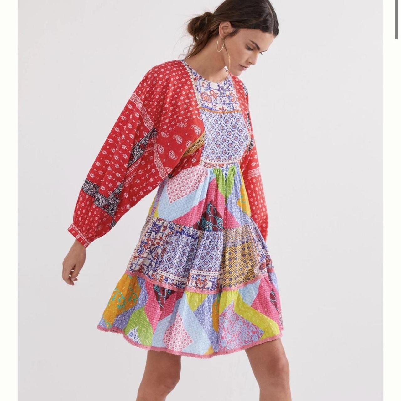 Patchwork print tassel hot sale detail smock dress