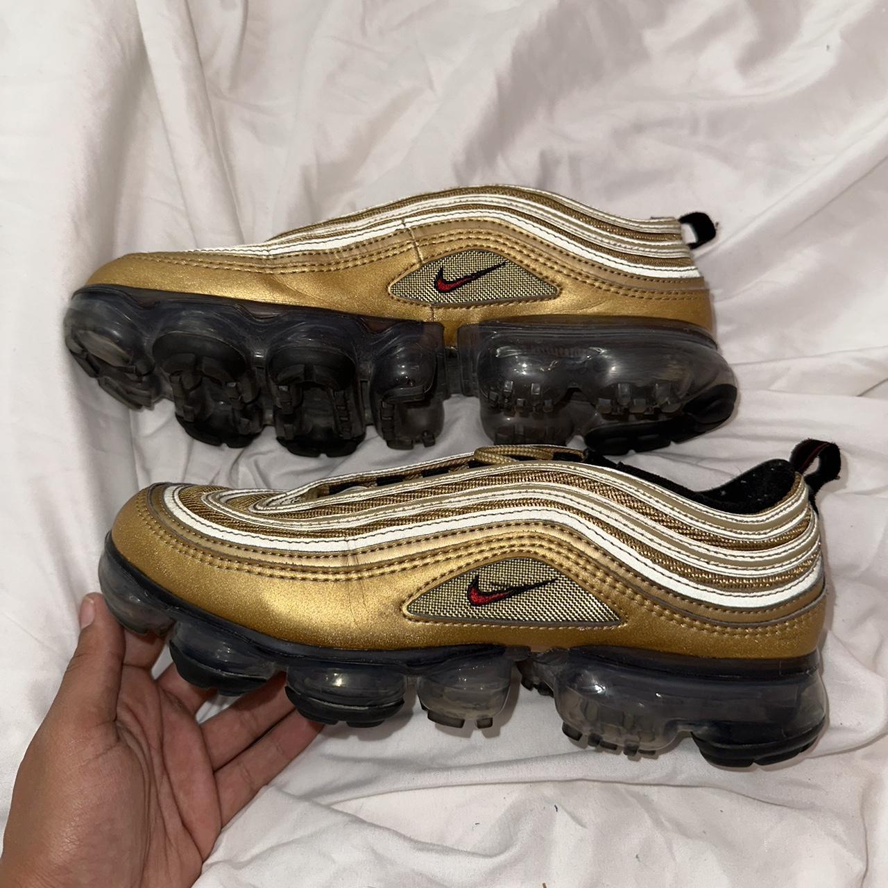 Nike Vapormax in Gold and Red. Also reflective. Worn Depop