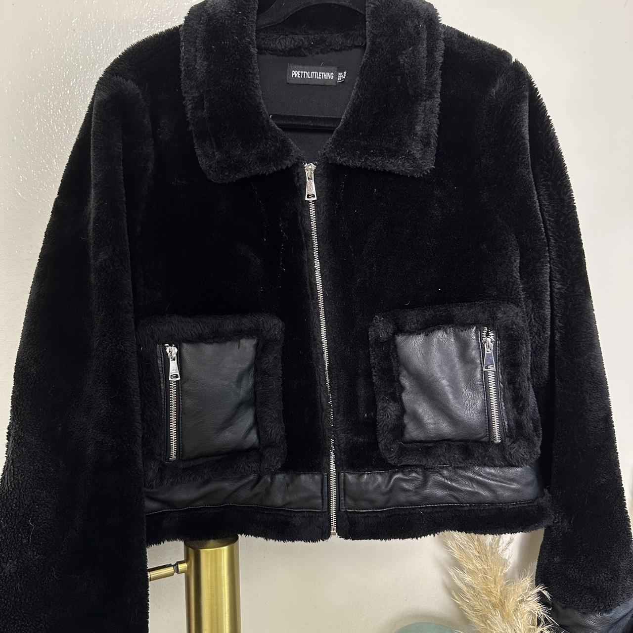 PLT Fuzzy Black Coat with leather detailing. Super... - Depop