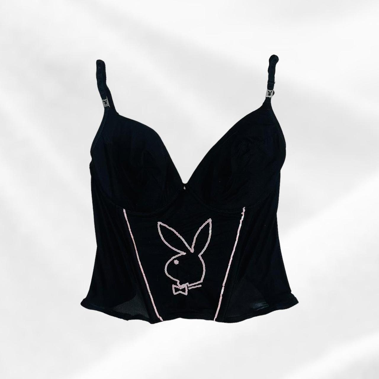 Playboy black corset with pink sequin bunny.... Depop