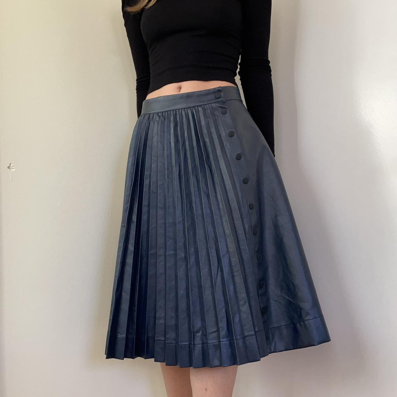 Navy leather pleated midi skirt. Cool half and half... - Depop