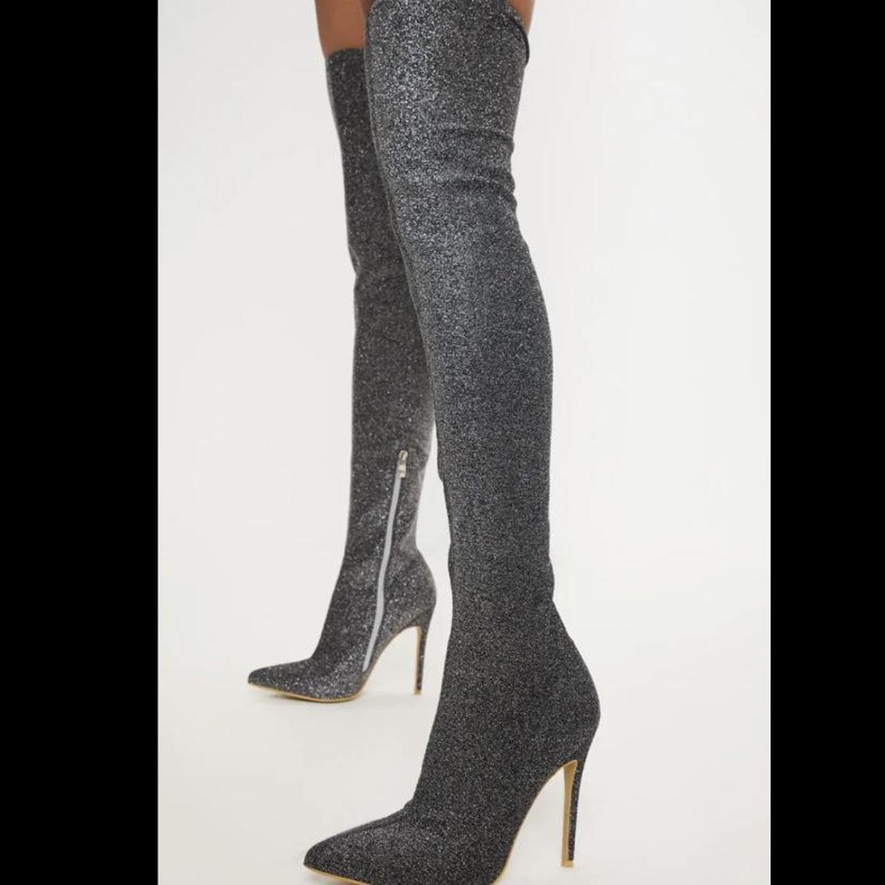 Silver glitter knee high boots online