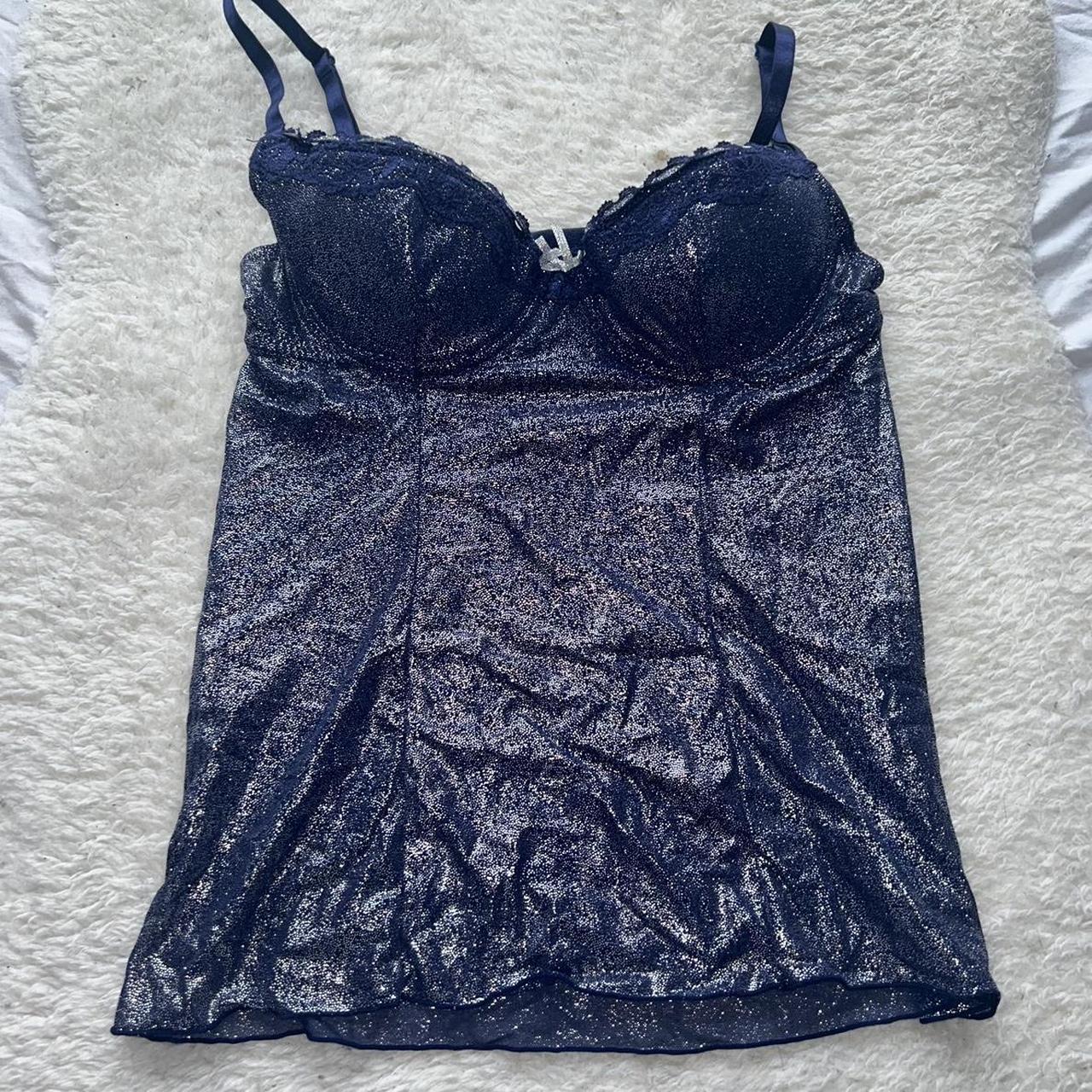 Y2K style navy blue lace corset top with iridescent... Depop
