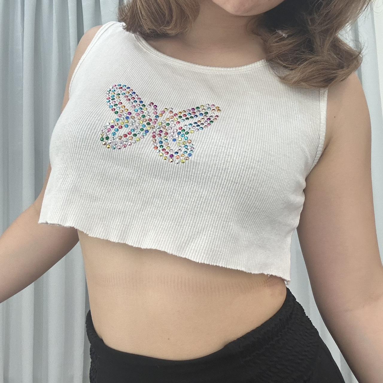 Sooo cute rainbow bedazzled butterfly Cropped... - Depop
