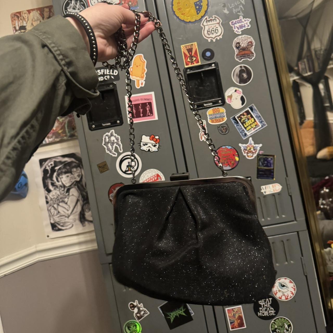 Shiny black purse, chain strap is detachable... - Depop