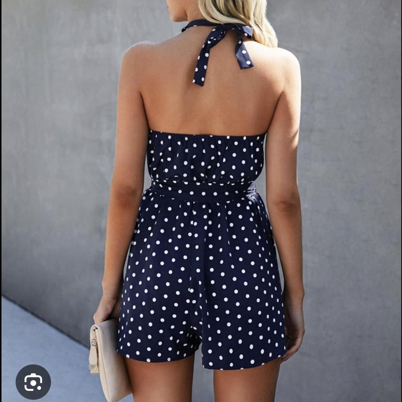 Navy Blue & White Polka Dot Playsuit Shein Size... - Depop