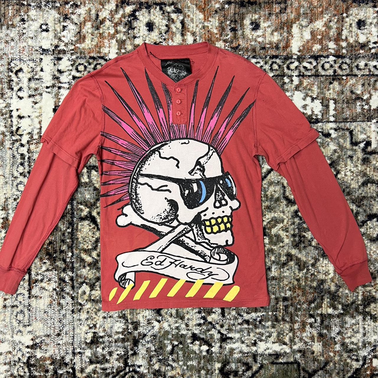 Ed Hardy Men's Red and White Shirt | Depop