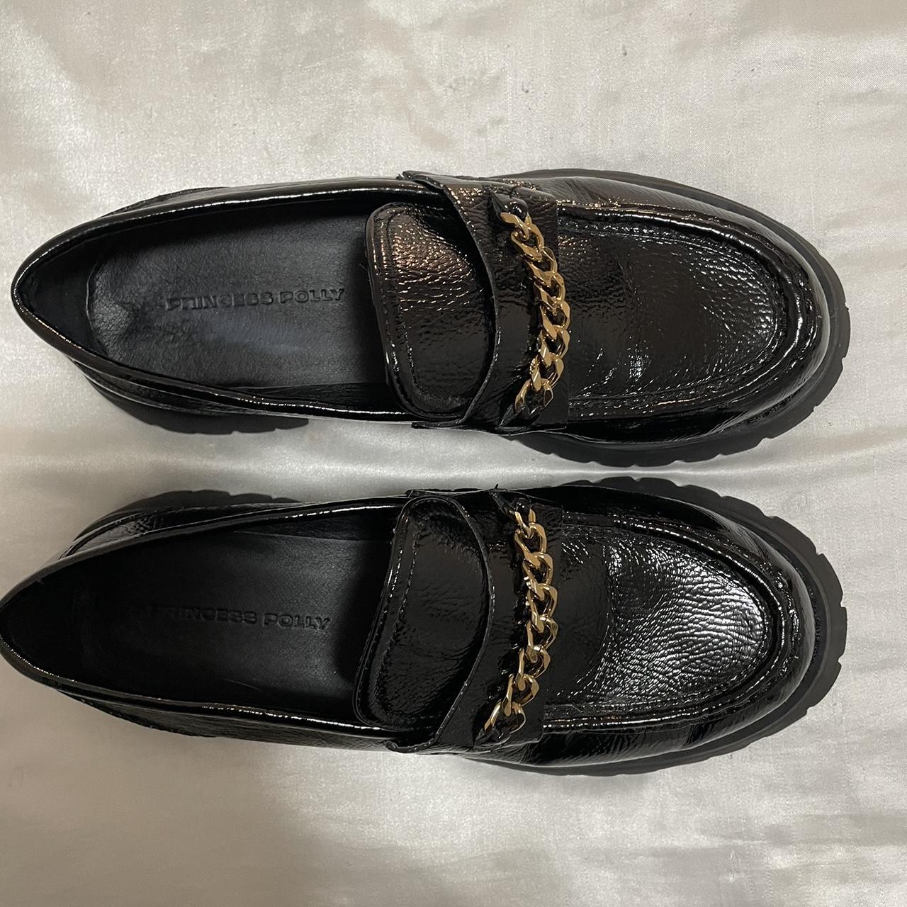 Princess Polly Women's Black and Gold Loafers | Depop
