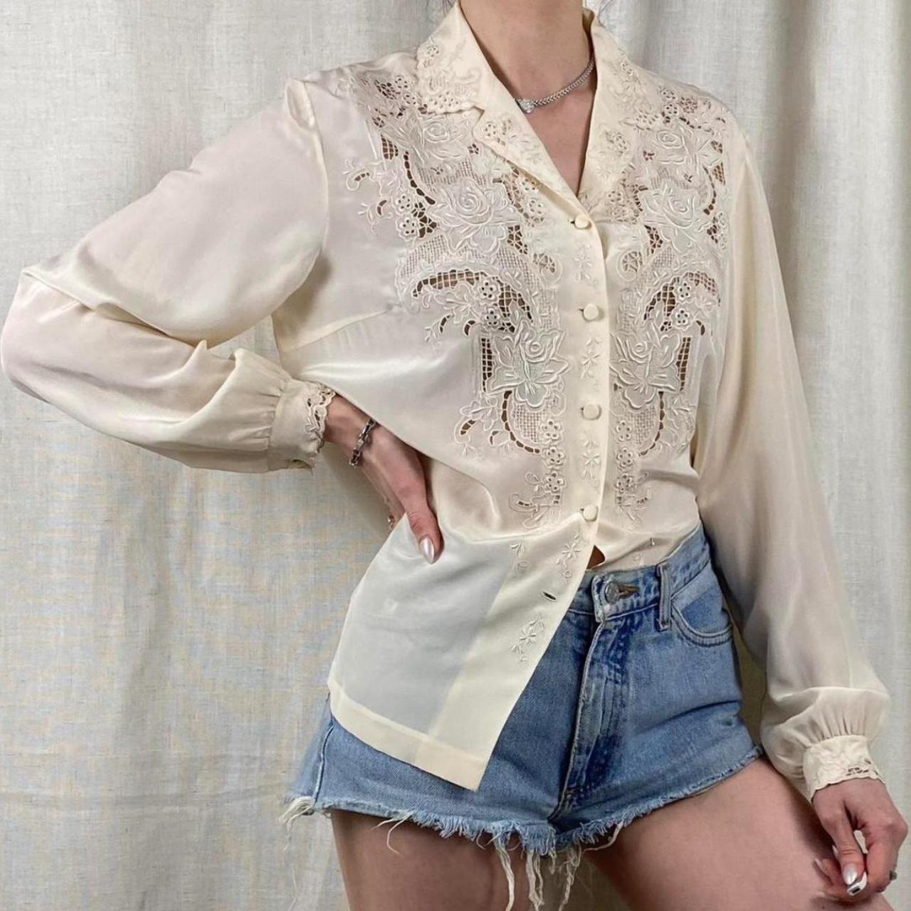 VINTAGE CREAM SILK EMBROIDERED BLOUSE No Brand —... - Depop