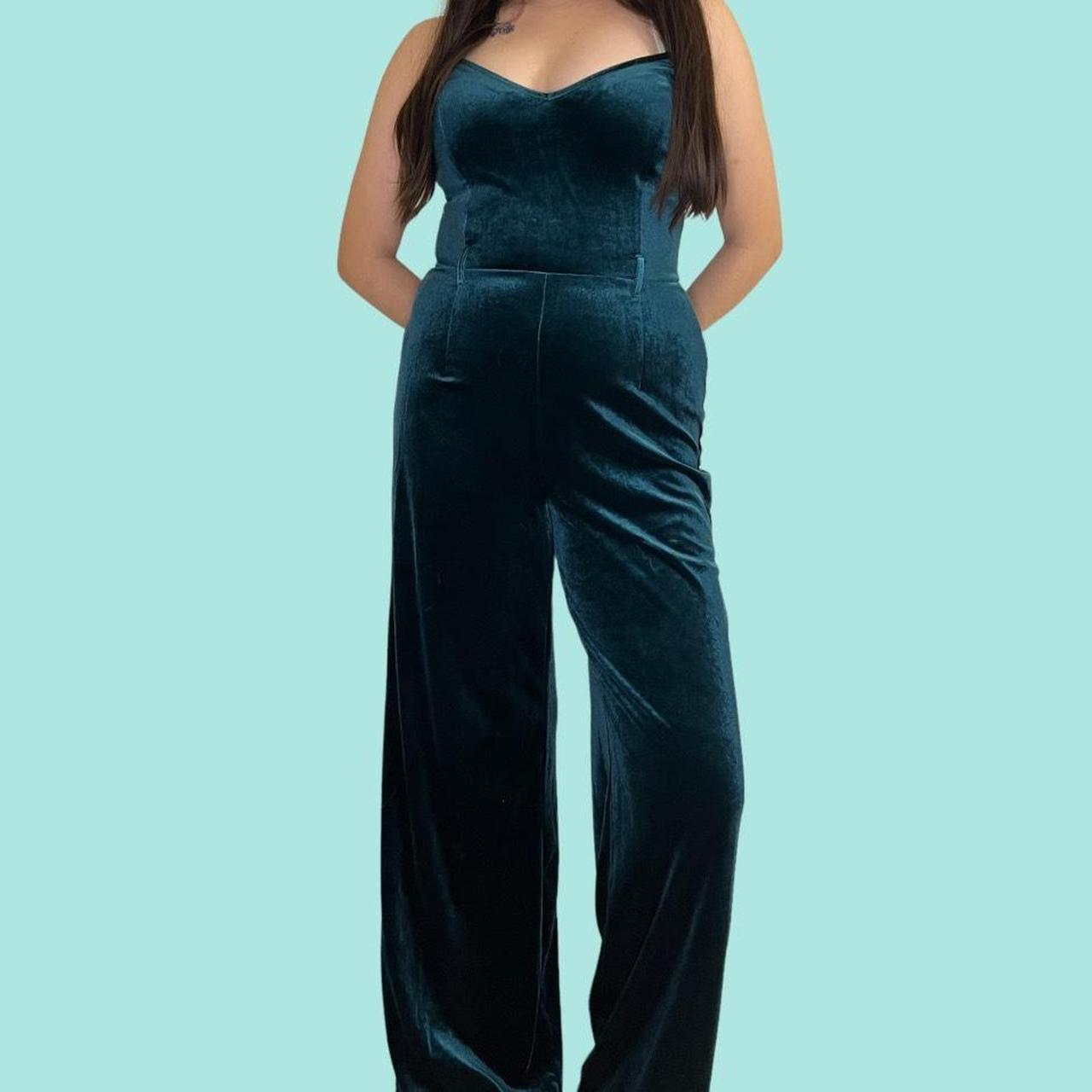 Emeral green velvet jumpsuit from forever 21 Has... - Depop