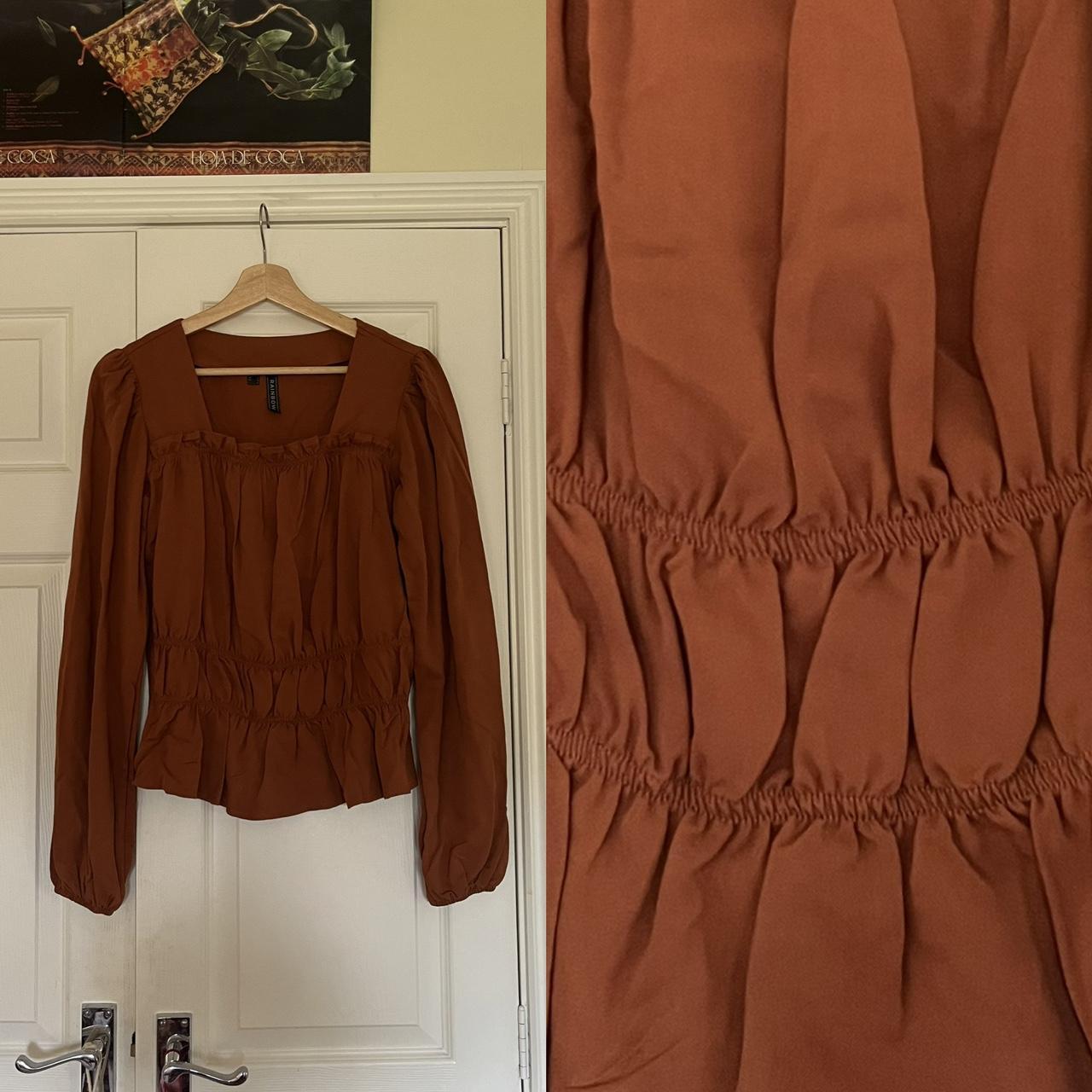 Orange and brown ruffle top with puffed sleeves... - Depop
