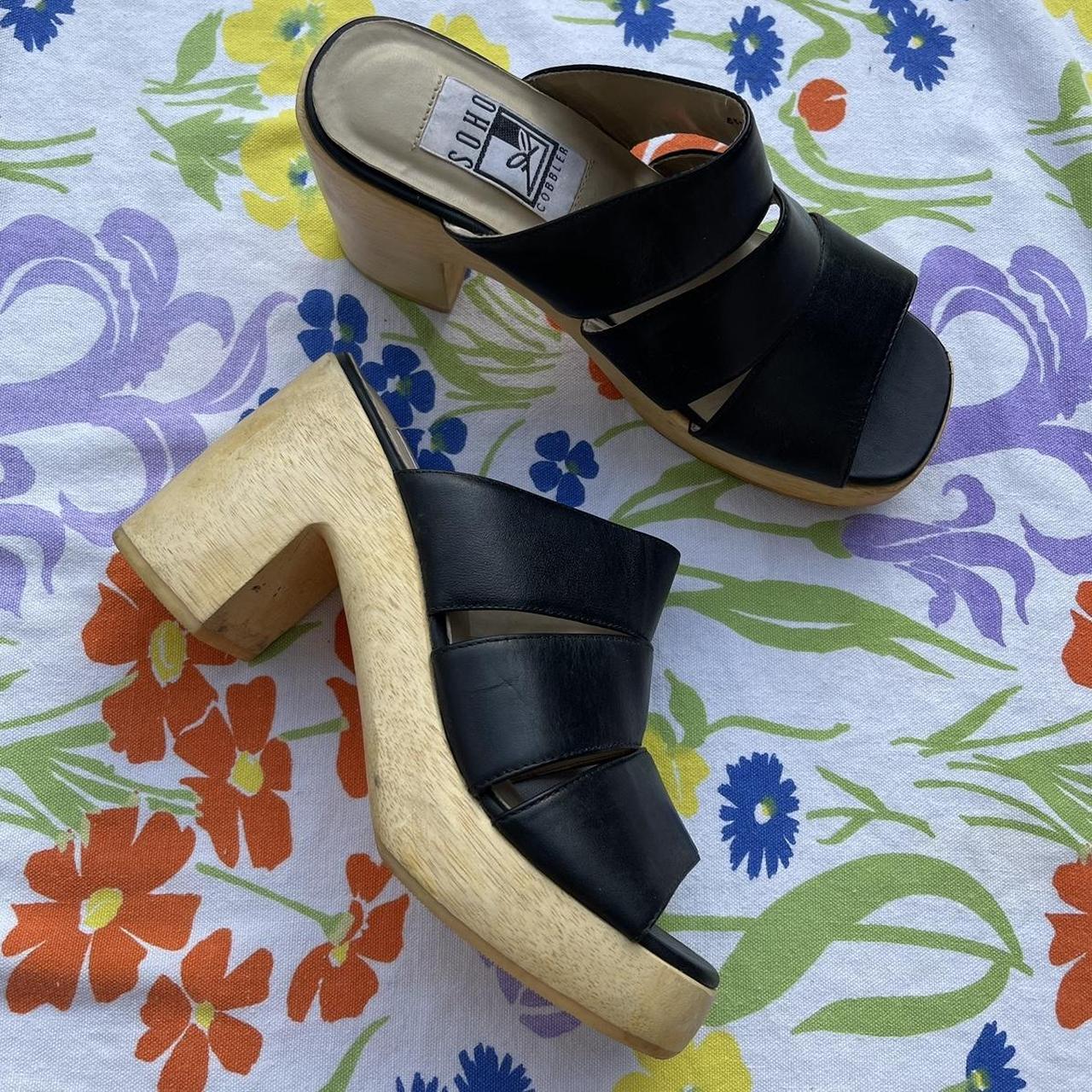 Vintage 90s woodblock heel sandals by SoHo Cobbler... - Depop