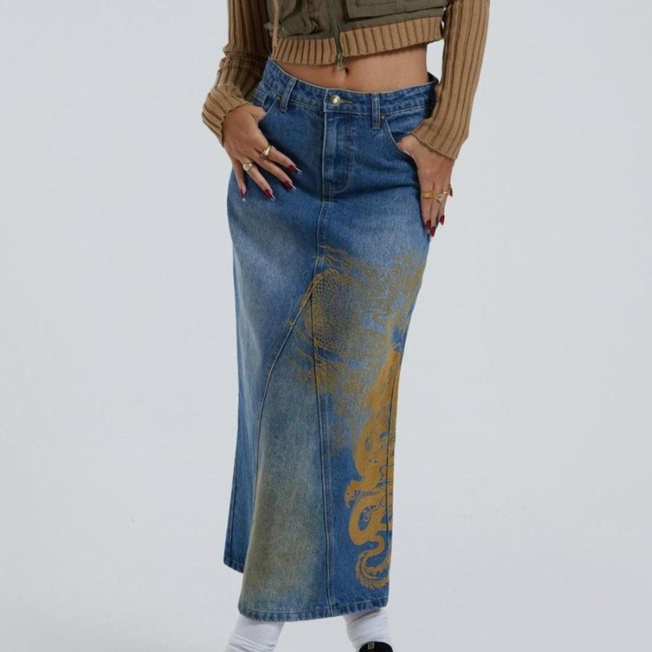 JADED LDN MAXI DENIM SKIRT WITH DRAGON