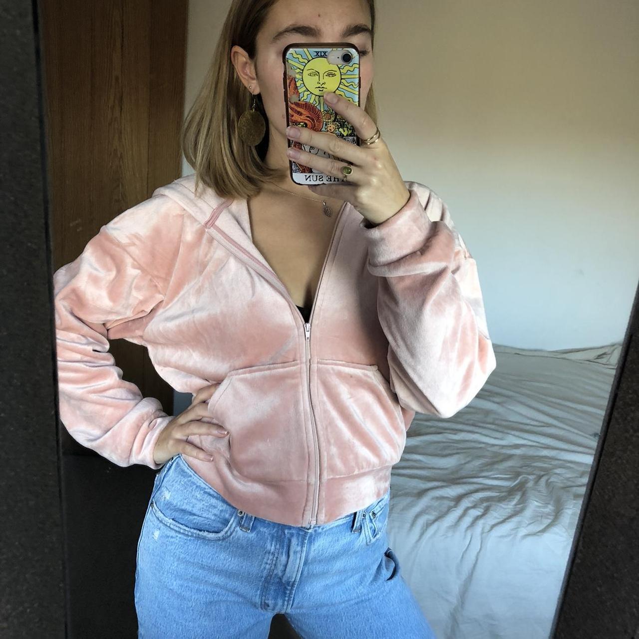 H&M baby pink velour crop zip hoodie - Depop