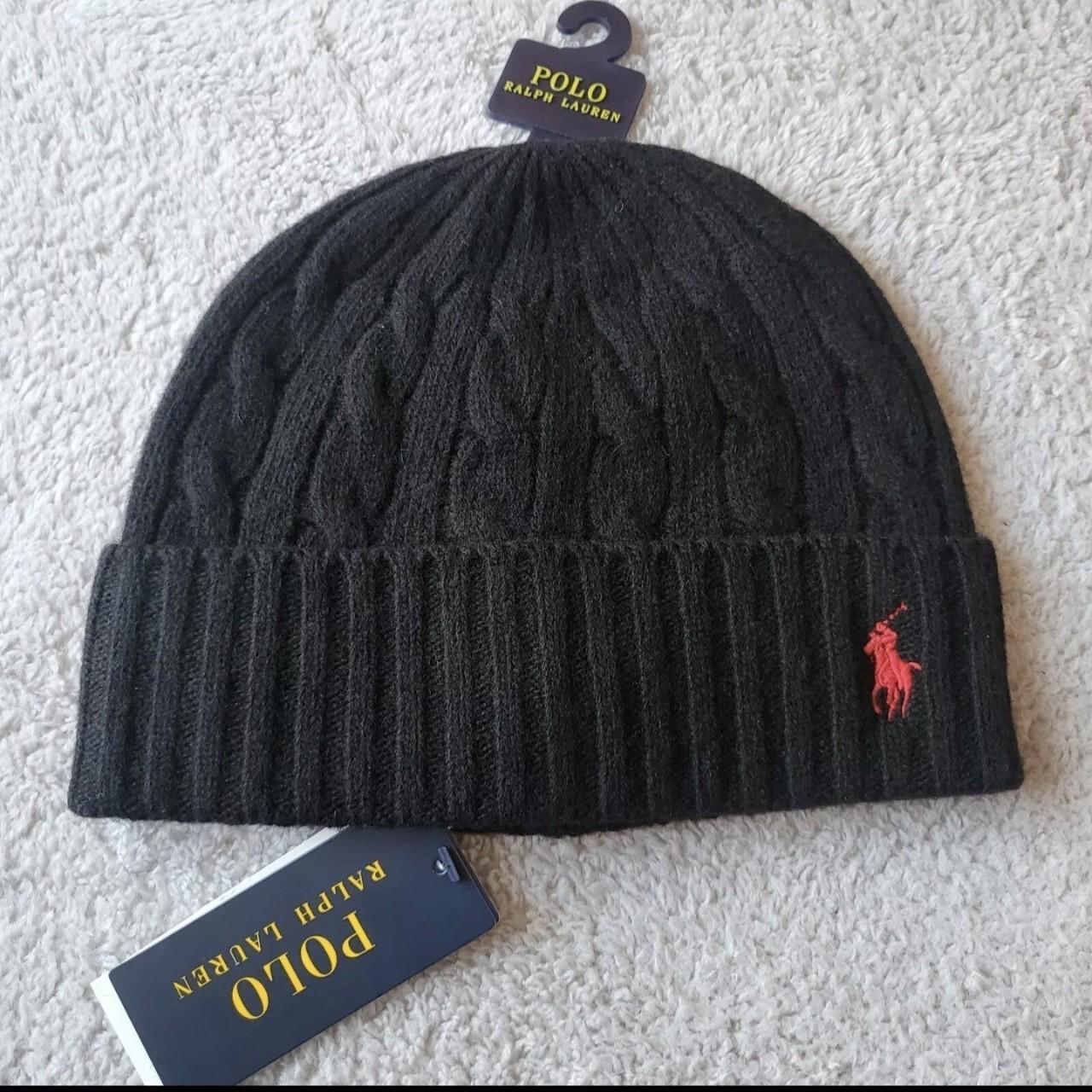 Polo Ralph Black Cable Knit Merino Wool Blend Beanie