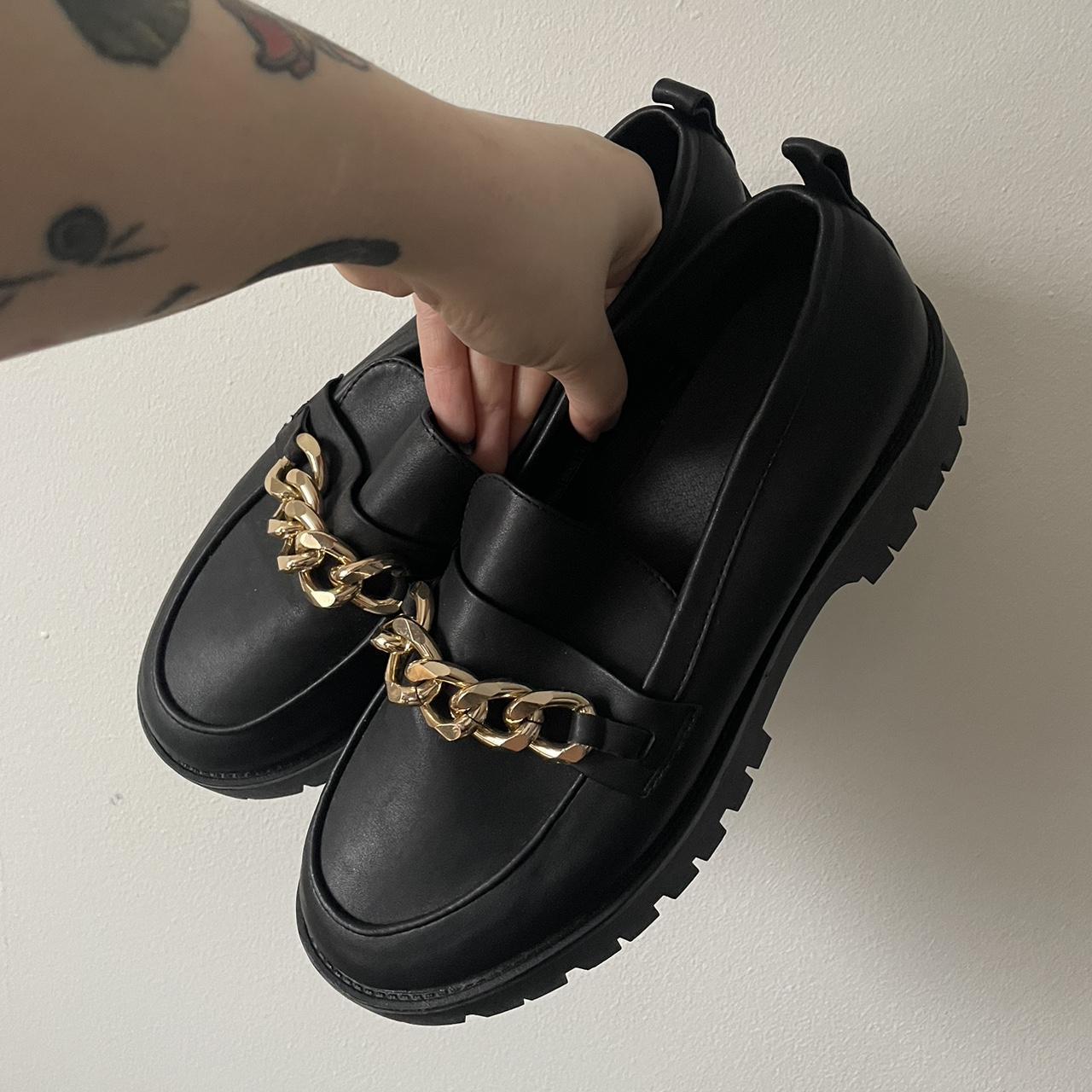 Lovely chunky black loafers with gold chain detail... Depop