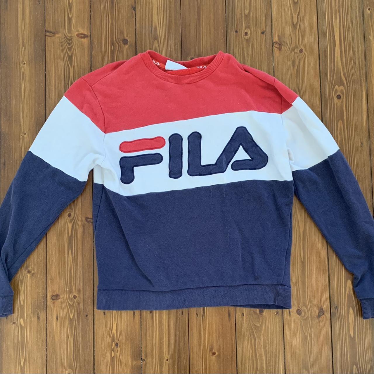 red, white and blue fila crew neck jumper - Depop