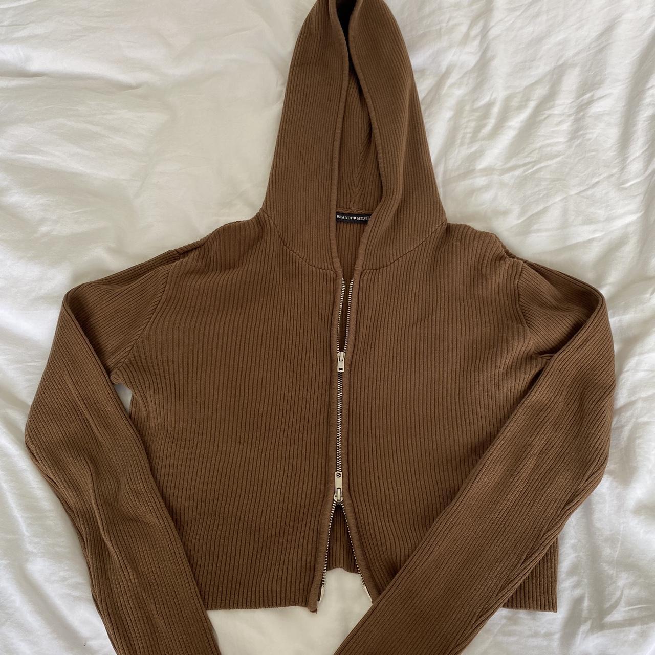 Brandy Melville Brown cropped hoodie double zip... Depop