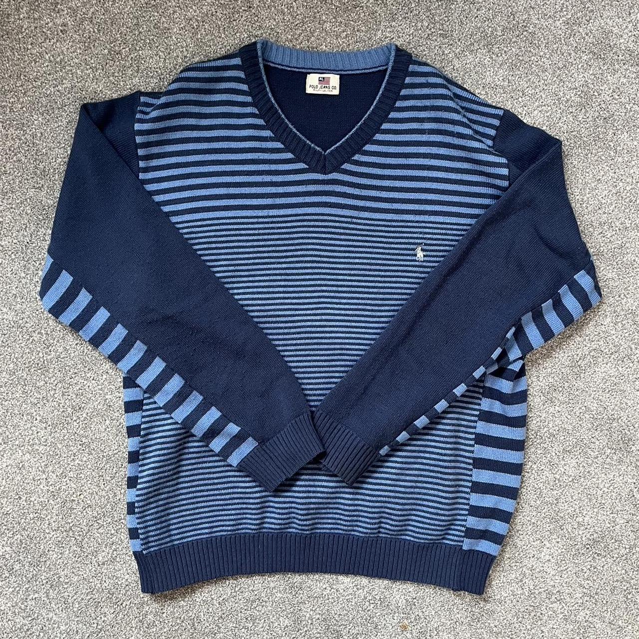 Ralph Lauren baby blue / navy stripy v neck knitted... - Depop