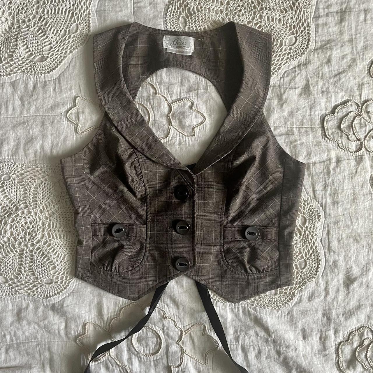 adorable vintage brown plaid vest with corset / open... - Depop