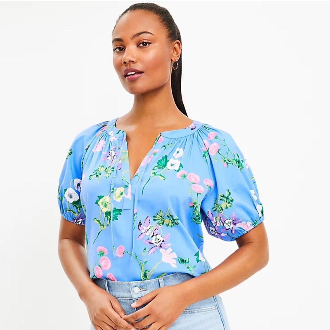 Loft XL Garden Tie Neck Puff Sleeve Top Peasant. Depop