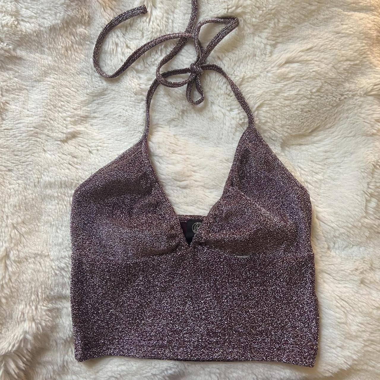 Purple Glittery V Neck Halterneck Cropped Top From Depop