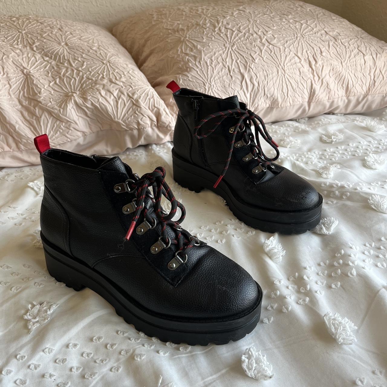 Black leather lace up boots with red laces and. Depop