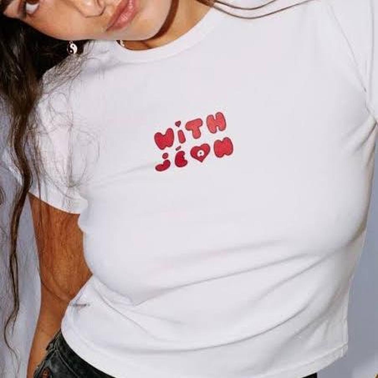 With Jean white baby tee Xs $35 ON HOLD DO NOT BUY!! - Depop