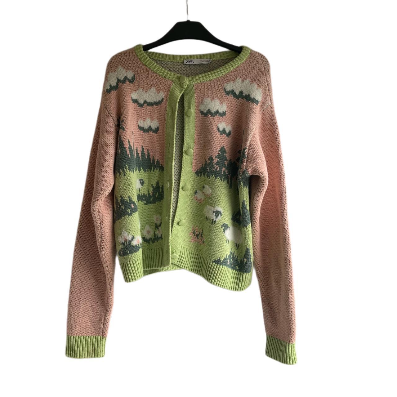 Zara Women's Pink and Green Cardigan Depop