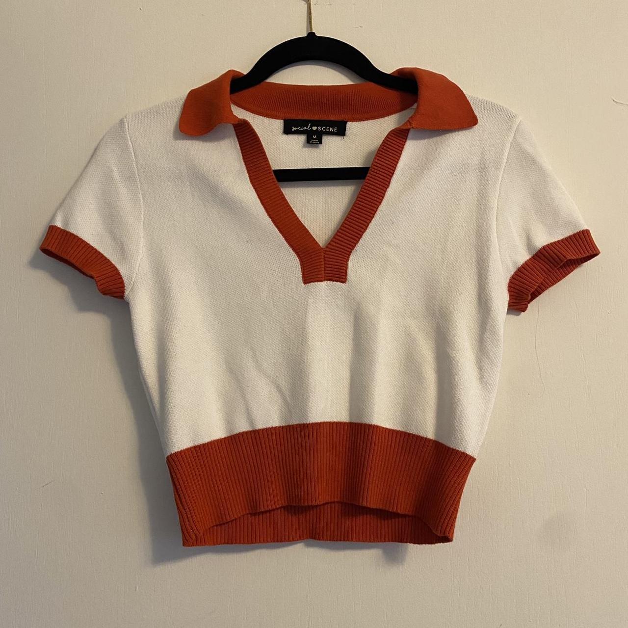Cropped orange and white collared polo - Depop