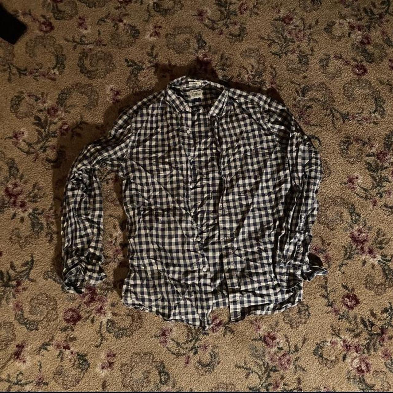 blue/white gingham button down shirt. size medium... - Depop