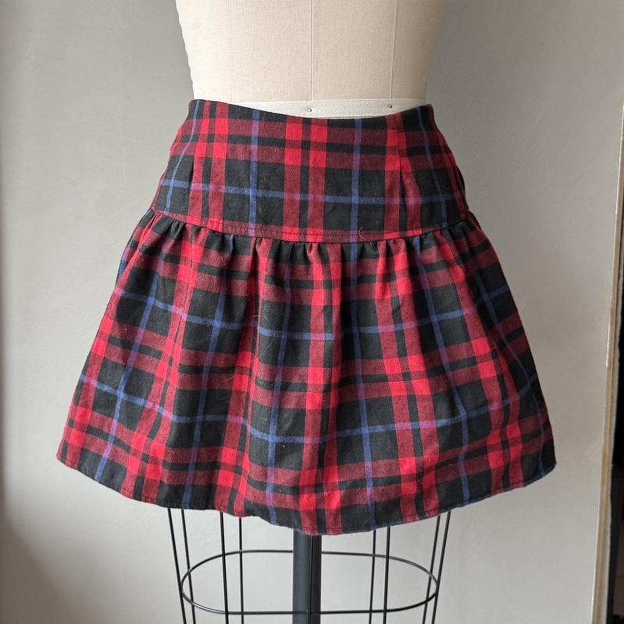 blue and red preppy grunge plaid pleated mini