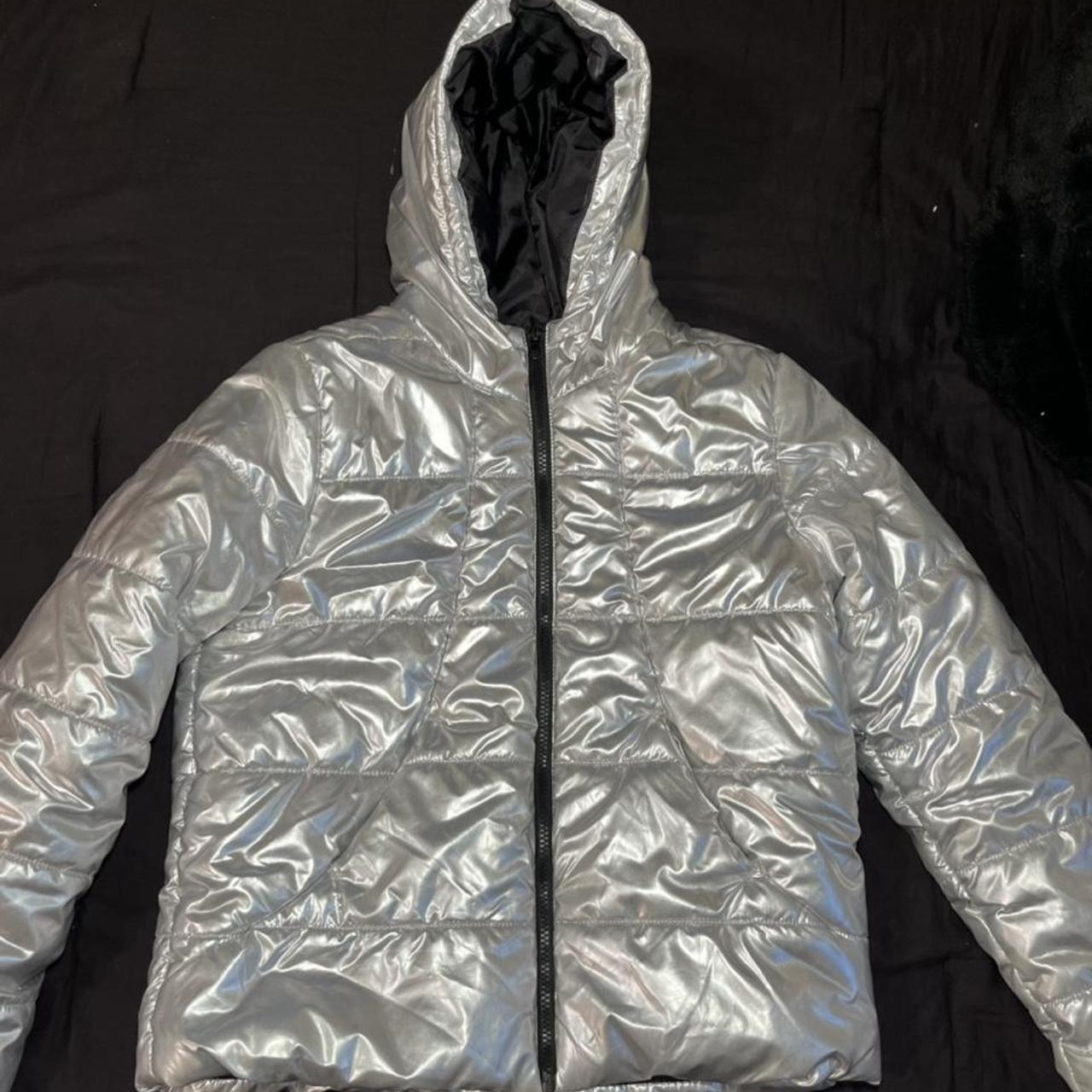 silver chrome puffer coat lightweight jacket good... - Depop