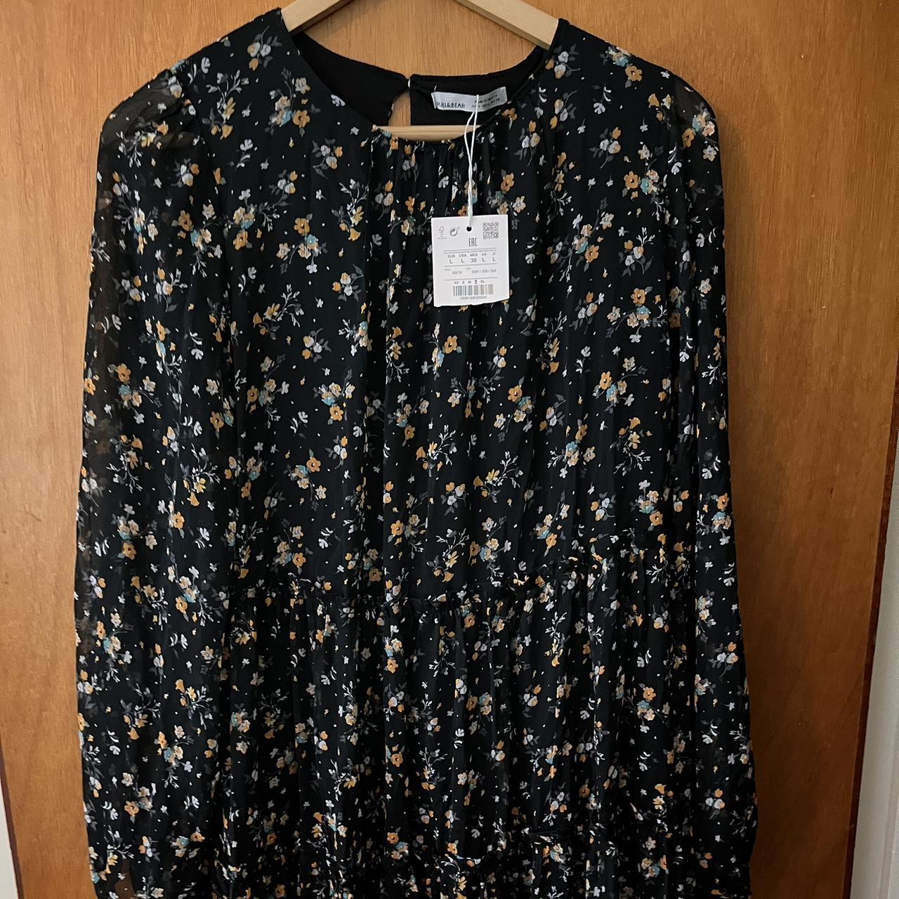 pull&bear black floral long sleeve dress. sleeves... - Depop