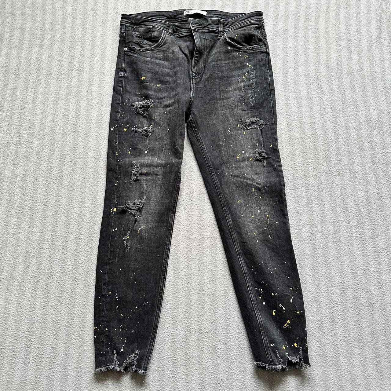 Zara Black Paint Splatter Jeans featuring ripped and... Depop